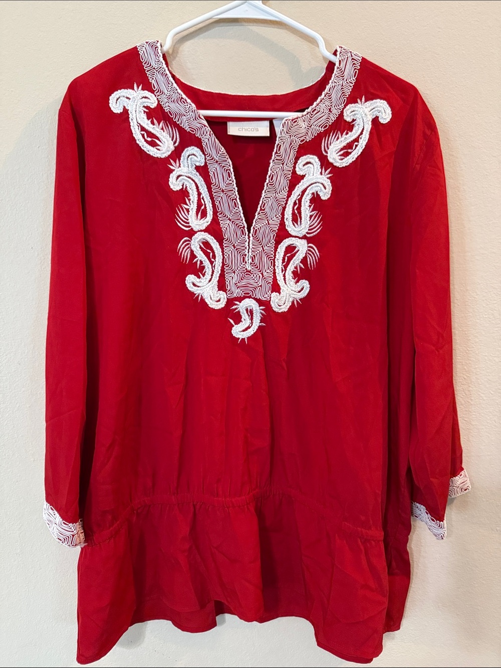Chico's Red Tunic with White Embroidered V-Neck